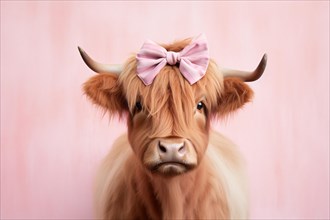 Cute Highland Cattle cow with pink ribbon. KI generiert, generiert AI generated