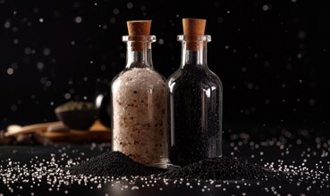 Close up view of salt and pepper in bottles on black background AI generated