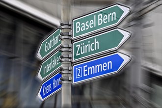 Wipe-clean signpost Gotthard motorway, Interlaken, Basel, Bern and Zurich, Switzerland, Europe