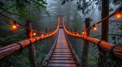 Atmospheric foggy rainforest Capilano suspension bridge with orange lights in the early morning, ai