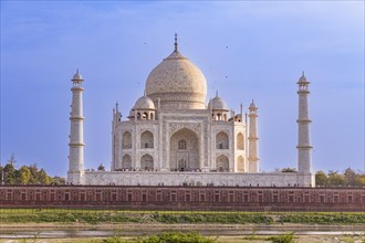 The Taj Mahal, view from the View Point near Mehtab Bagh or Moonlight Garden, Agra, India, blue
