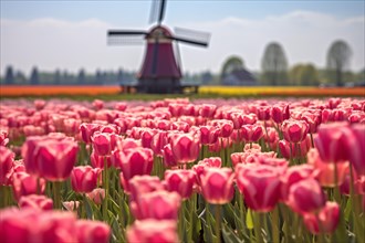 Field of pink tulip spring flowers with traditional windmill in the Netherlands, AI generated