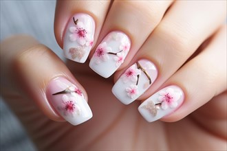 Woman's fingernails with pink cherry blossom nail design. KI generiert, generiert AI generated