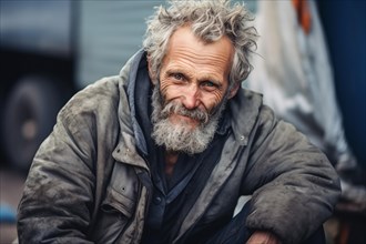 Old homeless man in street. KI generiert, generiert AI generated