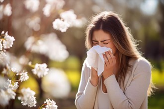 Young woman with seasonal pollen allergies sneezing into paper tissue with spring flowers in