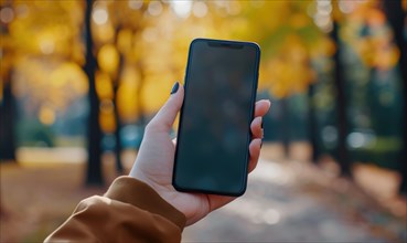 Female hand holding a smartphone with a blank screen in the autumn park AI generated