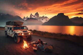 A couple sits by a campfire overlooking a serene lake and mountain landscape at dusk, AI generated