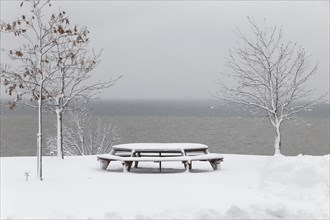 Nature, winter, bench on the riverside covered with snow, Province of Quebec, Canada, North America