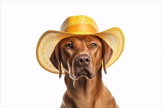 Portriat of dog with yellow summer straw hat on white background. KI generiert, generiert AI