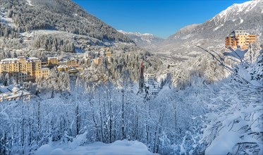 Snow-covered winter panorama of the village and valley, Bad Gastein, Gastein Valley, Hohe Tauern