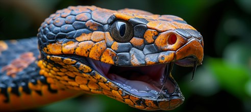 Close-up of an orange and black scaled cobra snake with its mouth open, AI generated