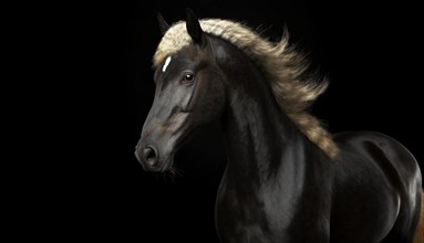 Dark horse with light golden mane, studio shot in front of black background, AI generated, AI