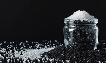Black and white salt in a glass jar on a black background AI generated