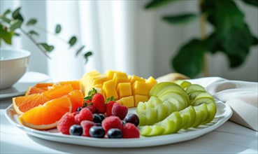 Fresh fruits on a white plate in the kitchen. Healthy eating AI generated