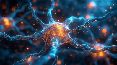 Digital illustration resembling a neuron in the brain with orange and blue tones, ai generated, AI