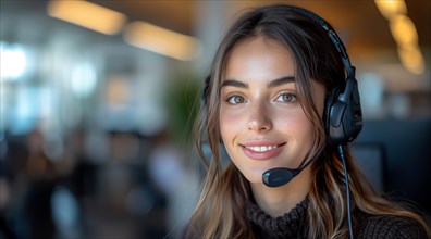 Smiling woman wearing a headset in an office environment, offering an engaging customer support
