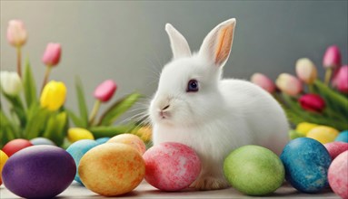 Cute little white Easter bunny with colourful Easter eggs, animal child, AI generated, AI generated