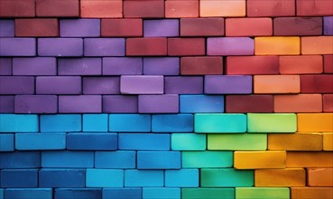 A brick wall featuring a vibrant rainbow gradient from purple to yellow, AI generated