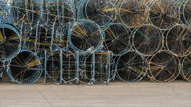 Closeup of crab cages used to bait, lure, and catch crabs for commercial or recreational use in