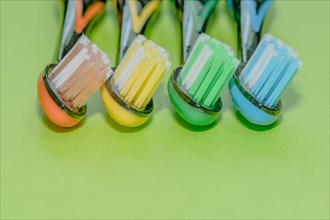 Closeup of four toothbrushes in orange, yellow, green and blue on a green background