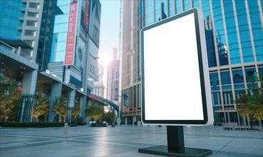 Blank street billboard on city street. Mock up of vertical advertising stand in the street AI