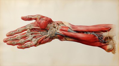 A vintage style anatomical illustration displaying the muscles, tendons, and bones of the hand, AI