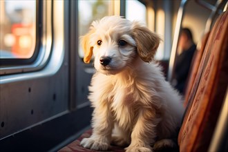 Small dog travelling in train. KI generiert, generiert AI generated