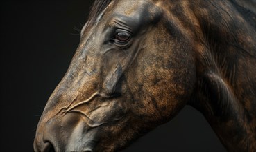 Detailed close-up of a horse's face highlighting the texture of its skin AI generated