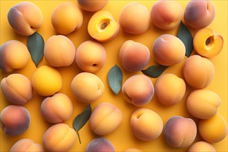 Top view of apricot fruits on yellow background. KI generiert, generiert AI generated