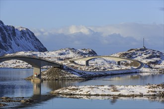 Fredvang bridges in winter, Fredvang, Lofoten, Nordland, Norway, Europe