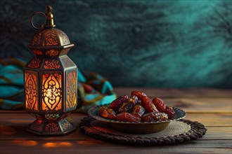 Ramadan lantern to a plate of succulent figs, set on an ornate table with intricate designs,