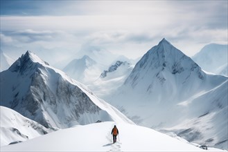 A mountaineer in mountains approaching a majestic snowy mountain peak amidst a snowfall and snow