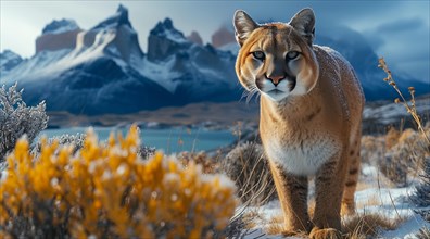 Puma in a blue-toned winter setting, evoking a cool, serene ambiance, ai generated, AI generated