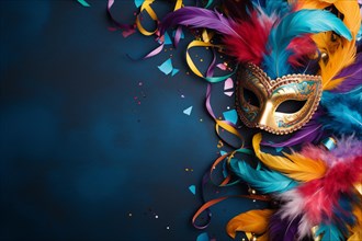 Carnival flat lay with venetian mask, feathers and paper streamers. KI generiert, generiert AI
