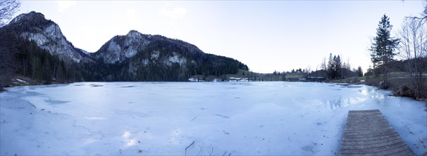 Winter mood, frozen Gleinkersee, panoramic shot, the lake peak in the background, Spital am Pyhrn,