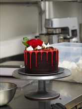 Elegant chocolate cake with red dripping icing topped with fresh roses on a cake stand