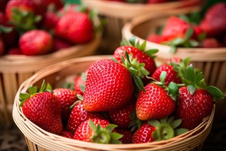 Strawberry fruits in baskets at farmer's market. KI generiert, generiert AI generated