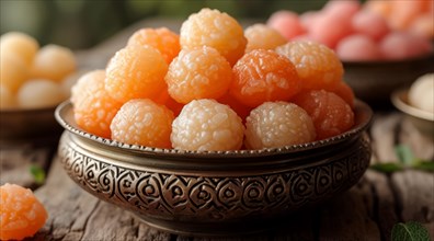 Delicate pink syrupy Indian sweets in a traditional bowl against a wooden backdrop, AI generated