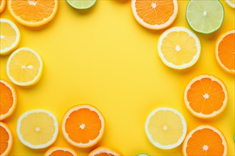 Top view of lemon, lime and orange slices on yellow background with copy space. KI generiert,
