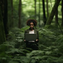 Young African American woman using a laptop in a natural environment of a humid forest, AI