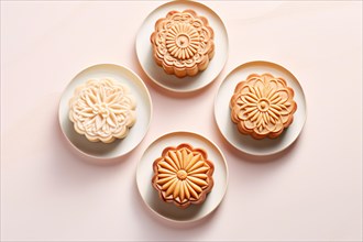 Top view of Chinese mooncakes on small splates. KI generiert, generiert AI generated