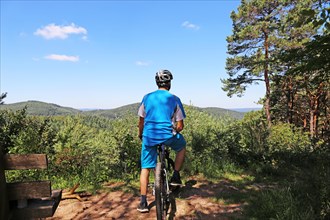 Symbolic image: Mountain biker enjoying the view of the Palatinate Forest near the Kalmit