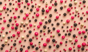 Red, white and black peppercorns pattern on a pink background AI generated