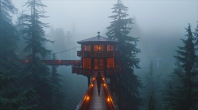 A secluded treehouse connected by a bridge shrouded in fog at dusk, ai generated, AI generated