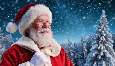 AI generated, man, 70+, Father Christmas, red coat, backpack, full beard, winter, snow, ice, fir