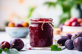 Jar with plum marmelade and jam. KI generiert, generiert AI generated