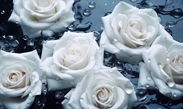 Several white roses with water droplets against a dark backdrop conveying calmness AI generated