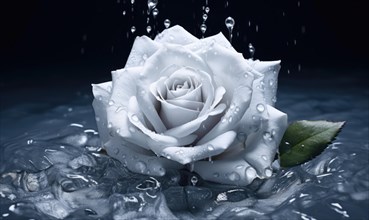 Tranquil image of a white rose with water droplets on a dark water background AI generated