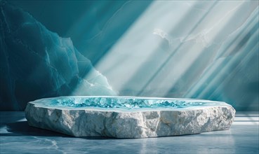 Minimalistic abstract scene with marble podium and blue geode on background AI generated