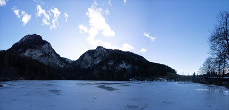 Winter mood, frozen Gleinkersee, panoramic shot, the lake peak in the background, Spital am Pyhrn,